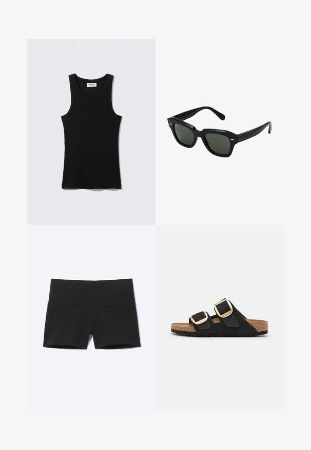Zwart katoenen tanktop met een ronde halslijn en smalle bandjes. Eenvoudig ontwerp, zonder patronen of accenten zichtbaar.; Zwarte nauwsluitende sportshorts met een brede tailleband, ontworpen voor comfort en flexibiliteit.; Zwarte suède instapsandalen met twee brede bandjes, elk met een grote gouden gesp, en een natuurlijke kurken voetbed met een gestructureerde rubberen zool.; Zwarte vierkante zonnebril met donker groene lenzen, uitgerust met gedurfde monturen en zilveren accenten aan de zijkanten. Gemaakt in Italië.