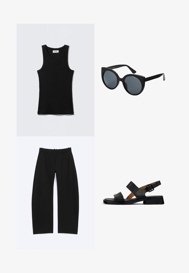 Camiseta sin mangas negra de algodón, con escote redondo y tirantes estrechos. Diseño sencillo, sin patrones ni detalles visibles.; Pantalones negros de piernas anchas con trabillas para cinturón y bolsillos laterales, colocados planos sobre un fondo blanco.; Sandalia de cuero negro con dos correas horizontales y una correa en el tobillo con hebilla. Suela plana y texturizada con un ligero tacón y un acabado suave.; Gafas de sol negras de gran tamaño con forma de ojo de gato, lentes oscuros y montura de plástico brillante. Presenta patillas gruesas para mayor soporte.