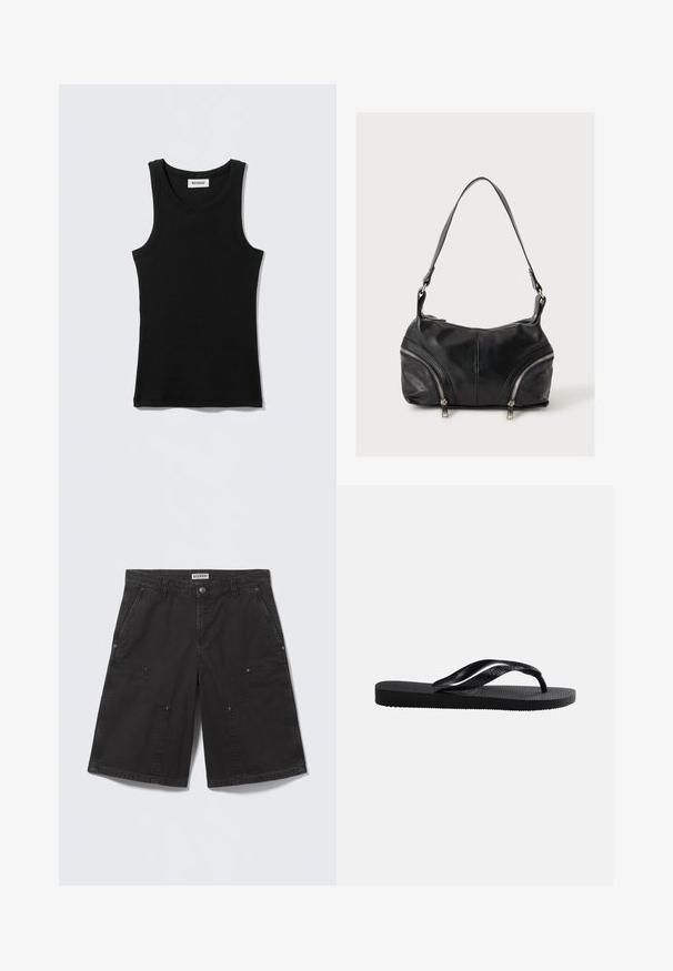 Top preto em algodão, com decote redondo e alças estreitas. Design simples, sem padrões ou detalhes visíveis.; Calções pretos até ao joelho com grandes bolsos frontais aplicados, fecho de botão metálico, passadores para cinto e bolsos laterais, dispostos planos sobre fundo claro.; Chinelos pretos de borracha com palmilha texturizada e tira em forma de Y lisa sobre um fundo claro liso.; Mala de ombro em pele preta com dois fechos de correr prateados diagonais na frente e uma alça larga única.