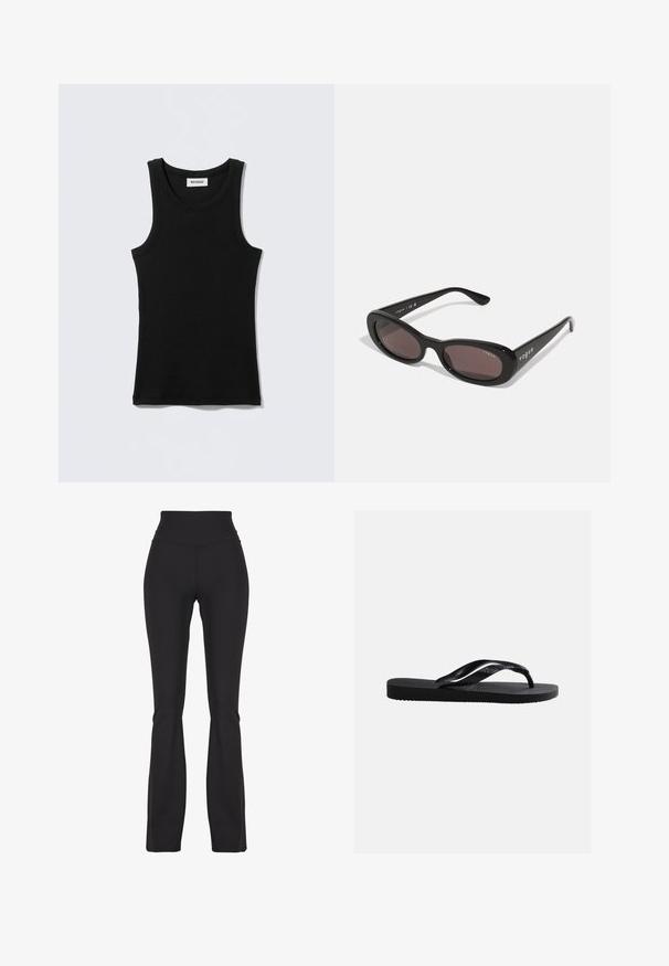 Sort bomuldstop med rund halsudskæring og smalle stropper. Enkelt design uden mønstre eller detaljer.; Sorte flared leggings lavet af strækbart stof, med en høj talje og glat tekstur, designet til komfort og bevægelighed.; Sort gummiplip-flops sandal med tekstureret sål og glatte remme, sidevisning på en ensfarvet lys grå baggrund.; Sorte solbriller med ovale rammer, mørkt tonede linser og "vogue" trykt i hvidt på de ydre arme. Glat plastmateriale.