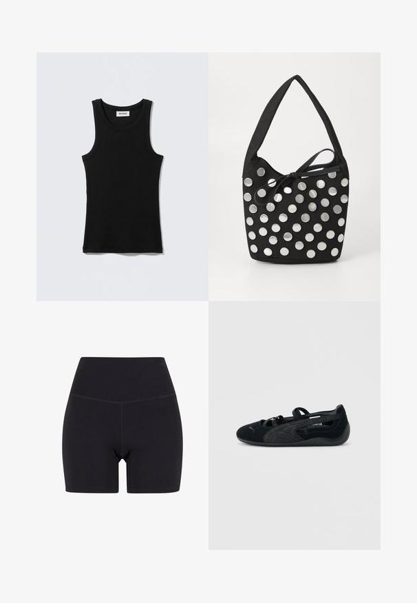 Débardeur noir en coton, avec un col rond et des bretelles étroites. Design simple, sans motifs ni accents visibles.; Shorts noirs taille haute en tissu extensible. Caractéristiques : une taille élastique, une texture lisse et une longueur mi-cuisse avec un design sans couture.; Ballerine en daim noir avec brides croisées, détail texturé sur le côté et semelle en caoutchouc basse.; Sac à main en tissu noir, de forme arrondie, orné de clous métalliques ronds en argent disposés en motif, et d'un accent en tissu noué.