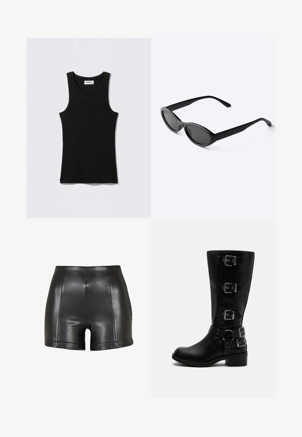 Camiseta sin mangas negra de algodón, con escote redondo y tirantes estrechos. Diseño sencillo, sin patrones ni detalles visibles.; Pantalones cortos de imitación de cuero negros con una cintura alta, textura suave y costuras visibles a lo largo del frente y el dobladillo.; Bota negra de cuero hasta media pantorrilla con cuatro hebillas metálicas ajustables y un tacón bajo en bloque sobre fondo blanco.; Gafas de sol ovaladas negras y elegantes con lentes oscuras y patillas rectas, reposando sobre una superficie blanca.