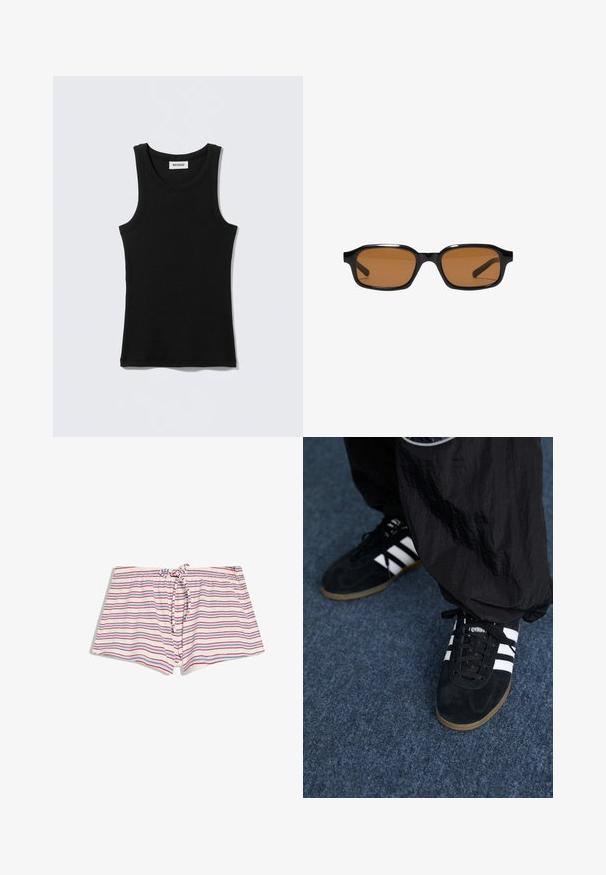 Débardeur noir en coton, avec un col rond et des bretelles étroites. Design simple, sans motifs ni accents visibles.; Shorts blancs avec des rayures horizontales rouges et bleues, taille élastique et cordon de serrage à l'avant.; Des chaussures de sport en suède noir avec trois rayures blanches et des lacets noirs. Un pantalon noir texturé est partiellement visible à côté des chaussures.; Lunettes de soleil rectangulaires noires avec des montures épaisses et des verres teintés marron, vues de face sur un fond blanc.