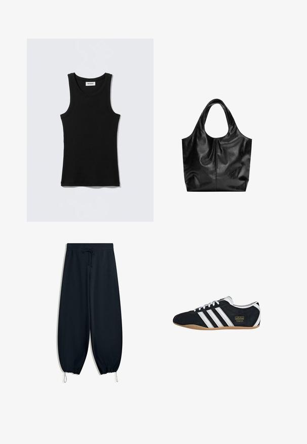Zwart katoenen tanktop met een ronde halslijn en smalle bandjes. Eenvoudig ontwerp, zonder patronen of accenten zichtbaar.; Zwarte sweatpants van zachte stof, met een elastische tailleband met trekkoord, taps toelopende enkels en zijzakken.; Zwarte suède sneaker met witte drie strepen, gouden logo en een bruine rubberen zool. Heeft een laag profiel vetersluiting ontwerp.; Zwarte leren tote bag met een gladde textuur, een zachte ronde bovenkant en brede handvatten. Kenmerkt zich door minimale stiksels en een slungelige silhouet.