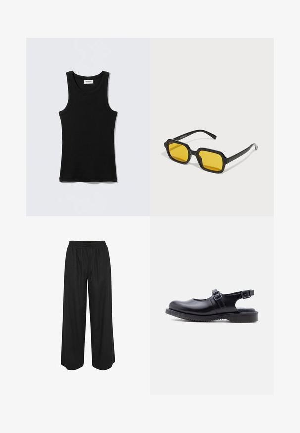 Camiseta sin mangas negra de algodón, con escote redondo y tirantes estrechos. Diseño sencillo, sin patrones ni detalles visibles.; Pantalones negros de pierna ancha con cintura elástica y cordón, hechos de tela ligera, mostrados sobre un fondo blanco.; Zapato estilo Mary Jane de cuero negro con dos correas ajustables con hebilla y una suela gruesa de goma ranurada.; Gafas de sol negras rectangulares con lentes amarillos. Presentan montura gruesa y un diseño angular con un acabado liso y brillante.