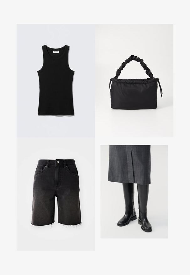 Zwart katoenen tanktop met een ronde halslijn en smalle bandjes. Eenvoudig ontwerp, zonder patronen of accenten zichtbaar.; Zwarte denim shorts met een vervaagde wassing, rafelig zoom, klassieke vijf-pocket ontwerp en een enkele knoopsluiting. Dikke stiksels accentueren het geheel.; Zwarte leren laarzen tot de knie met een gladde textuur, zijritsen en een platte zool. De laarzen hebben een gestructureerde schacht en minimale hardware.; Zwarte tas gemaakt van zacht, gladde stof. Beschikt over een geplooide handgreep en een trekkoordsluiting, met een rechthoekige vorm en geen zichtbare hardware.