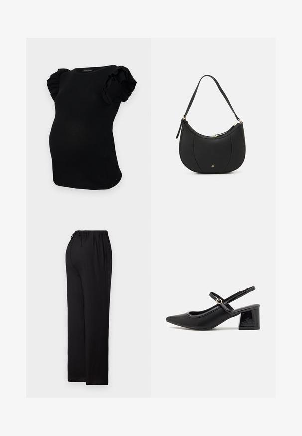 Chemise de maternité noire à côtes avec des manches courtes ornées de volants. Le design est ajusté et possède un col rond.; Pantalons noirs à coupe décontractée en tissu léger. Dotés d'une taille élastique avec cordon de serrage, d'une coupe droite et d'un ourlet plat.; Escarpins slingback en cuir verni noir avec un embout pointu, un design à découpes arrondies et un talon carré. Présente un accent de boucle en ton doré.; Sac à main en cuir noir avec une forme courbée, surface texturée, coutures avant et un logo doré. Il est doté d'une seule sangle ajustable.