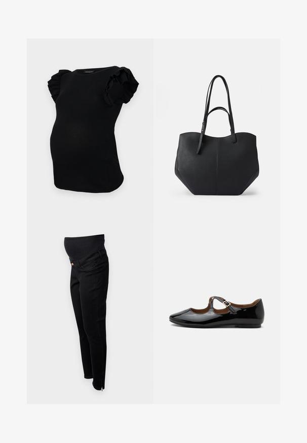 Zwarte geribde zwangerschapsblouse met korte mouwen en ruches. Het ontwerp is figuurvolgend en heeft een ronde hals.; Zwarte zwangerschapsjeans met een rekbare tailleband over de buik, slim fit, enkelritsen en een klassieke vijf-pocketontwerp. Zachte denim structuur.; Zwarte lakleren Mary Jane platte schoen met twee uitsparingen en een gouden gespbandje op een witte achtergrond.; Zwarte tote bag van glad, textuurleer, met een ronde bovenkant en dubbele lange handvatten. Heeft een hoekige basis voor stabiliteit en een gestructureerd ontwerp.