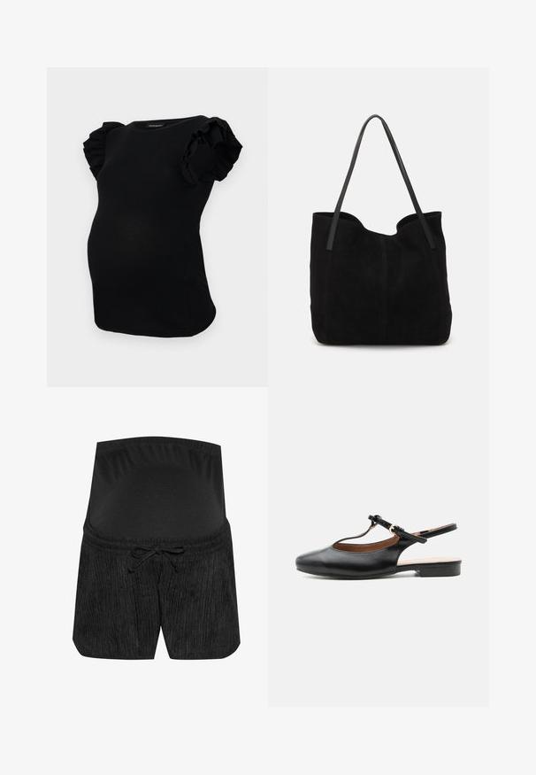 Sort ribbet graviditetstrøje med korte ærmer og rynkede detaljer. Designet er tætsiddende og har en rund halsudskæring.; Sorte graviditetsshorts med et tekstureret design, snørelukning i taljen og en glat, elastisk talje. Blødt stof for komfort.; Sort læder flad slingback-sko med T-rem og guldlås på neutral baggrund.; Sort ruskinds totemed med to lange, flade læderremme. Har en buet topkant og synlige stikninger langs forsiden. Ingen hardware-dekorationer.