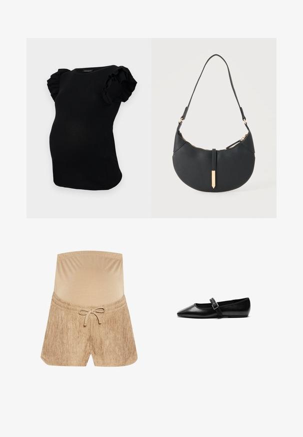 Sort ribbet graviditetstrøje med korte ærmer og rynkede detaljer. Designet er tætsiddende og har en rund halsudskæring.; Beige shorts med en elastisk talje, justerbar snor og tekstureret stof med et vertikalt stribemønster.; Sorte flade sko lavet af læder med spidse tæer, justerbar rem med metalspænde, glat tekstur og minimalistisk design.; Sort håndtaske formet som en halvmåne med en enkelt rem, guld lynlås og en guldfarvet rektangulær dekorativ fane foran.