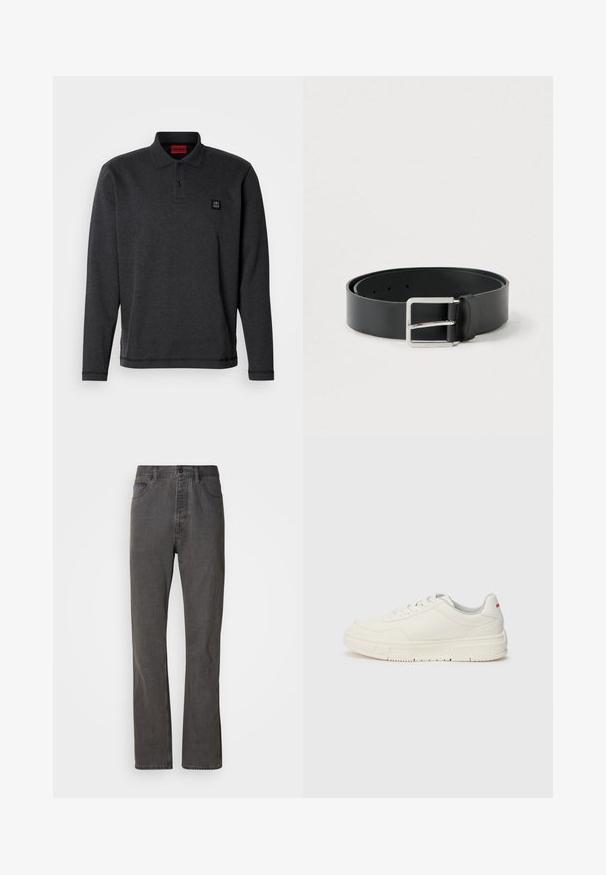 Langærmet polo i mørkegråt stof med klassisk krave, lukning med to knapper og en lille sort logo på brystet.; Grå denim jeans med lige ben-design, der har forlommer, knaplukning og subtil tekstur.; Hvide sneakers med en glat læderoverdel, rund tå, flade snørebånd og en struktureret gummisål. Der er en rød detalje på hælen.; Sort læderbælte med en glat overflade, der har en rektangulær sølvmetalspænde og flere justeringshuller.