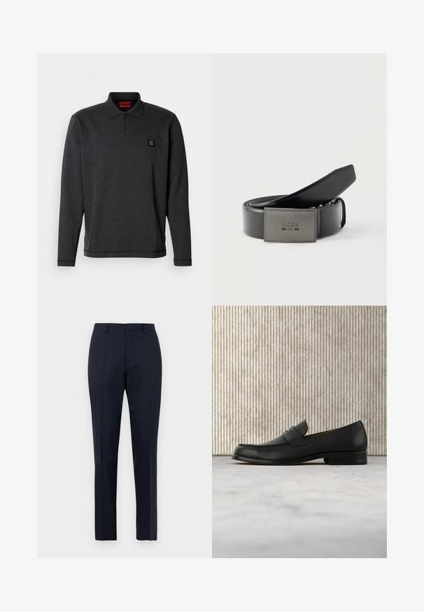 Langarm-Poloshirt aus dunkelgrauem Stoff, mit klassischem Kragen, Zweiknopf-Leiste und kleinem schwarzem Logo auf der Brust.; Marineblaue, maßgeschneiderte Herrenhosen mit subtilen Karomuster, Gürtelschlaufen und Bügelfalte, frontal auf weißem Hintergrund präsentiert.; Schwarzer Leder-Slipper schwebt über einem beigen Teppich, im Hintergrund ein glänzender, runder brauner Tisch.; Schwarzer Ledergürtel mit glatter Oberfläche, der eine rechteckige graue Metallschnalle mit eingeprägtem "BOSS" trägt. Elegantes und schlichtes Design.