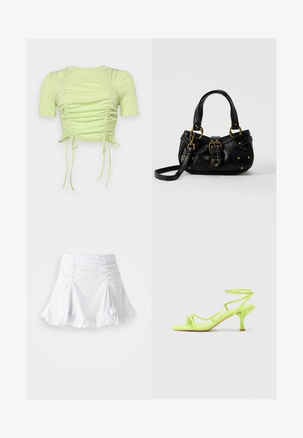 Lys grøn cropped top lavet af ribbet stof, med indsamlede detaljer, korte ærmer og justerbare sidesnore.; Hvid nederdel lavet af tekstureret stof med rynkedetaljer og bølger. Har en udvidet design med en tætsiddende talje.; Neon grøn højhælede sandal med firkantet tå, tynde stropper, ankelspænde og buet hæl. Glat materiale med en blank finish.; Sort læderhåndtaske med guldbælge og nitdetaljer, korte håndtag og en justerbar skulderrem på en ensfarvet hvid baggrund.