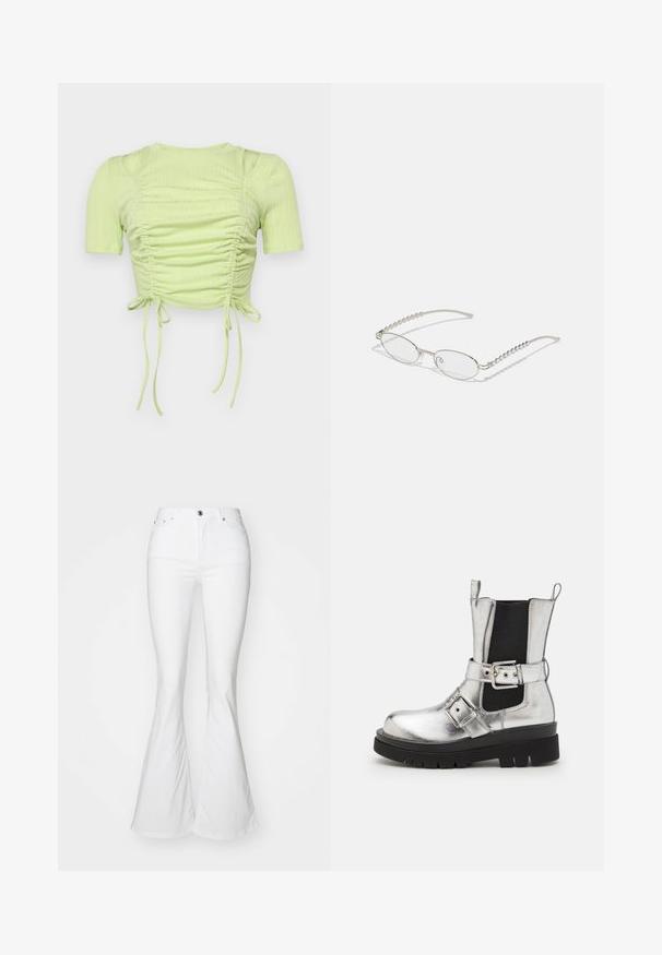 Lys grøn cropped top lavet af ribbet stof, med indsamlede detaljer, korte ærmer og justerbare sidesnore.; Hvide flagrende jeans med høj talje, lavet af denim. Har en frontknaplukning og fem lommer. Glat, struktureret stof.; Sølvmetallic ankelstøvle med en sort elastisk sidepanel, kraftig sort sål og en rem med en spænde detalje. Glat tekstur finish.; Ovale briller med en metallisk sølvramme, klare linser og strukturerede perleaccentede stænger. Letvægtsdesign med buede arme.