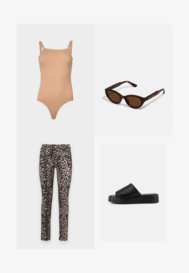 Beiger gerippter Bodysuit mit verstellbaren Trägern, Rundhalsausschnitt und enganliegender Silhouette, mit hohem Beinausschnitt und minimalen Nähten.; Schmale Jeans mit Leopardenmuster auf beigen Grund, schwarzen Flecken, einem Fünf-Taschen-Design und einem Knopfverschluss vorne. Hergestellt aus einem weichen Stoff.; Schwarzer Slip-On Plateau-Sandale mit breitem Lederobermaterial und dicker Sohle, seitlich auf grauem Hintergrund gezeigt.; Braune Schildpatt-Sonnenbrille mit einer Vintage-Cat-Eye-Form und braunen Gläsern. Verfügt über gebogene Bügel mit roten Akzenten.