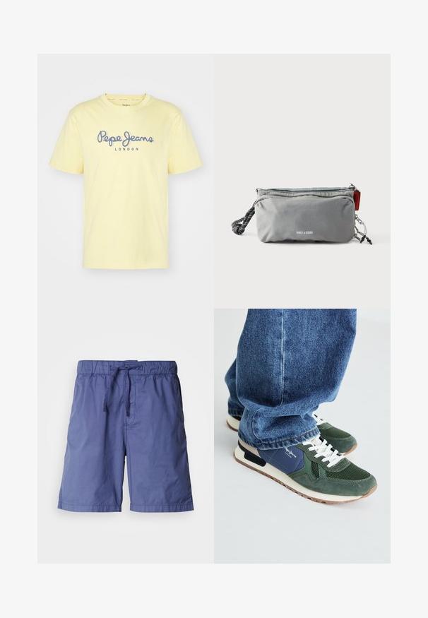 Žlté bavlnené tričko s krátkymi rukávmi a okrúhlym výstrihom. Na prednej strane je v modrom texte napísané "Pepe Jeans LONDON". Jednoduchý dizajn.; Tmavomodré plavkové šortky z ľahkej tkaniny so elastickým pásom, nastaviteľným sťahovacím šnúrkou a bočnými vreckami.; Zelené a námornícke tenisky s detailmi z mriežky a semišu, biele šnúrky a béžová podrážka. Nosené s modrými džínsami, pričom sú viditeľné členky.; Sivý obdĺžnikový obal so zipsami, čierno-bielou lanovou rukoväťou na jednej strane a textom „ONLY & SONS“ v strede vpredu.