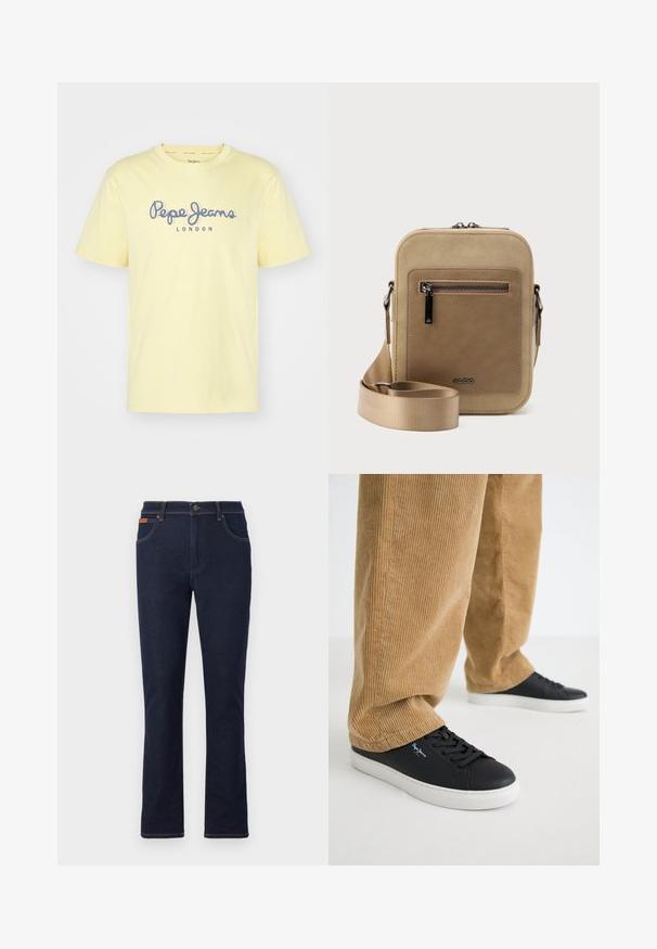 Žlté bavlnené tričko s krátkymi rukávmi a okrúhlym výstrihom. Na prednej strane je v modrom texte napísané "Pepe Jeans LONDON". Jednoduchý dizajn.; Tmavomodré rifle s rovnými nohavicami, s predným gombíkom a zipsom, prednými a zadnými vreckami a detailom z hnedej prešívky.; Čierne kožené tenisky s bielymi gumovými podrážkami. Nosené s hnedými kordové nohavicami so zvislými ryhami a voľným strihom.; Malá béžová kabelka cez rameno s predným vreckom na zips, kovovým logom ALDO, nastaviteľným širokým popruhom a zaobleným obdĺžnikovým tvarom na bielom pozadí.