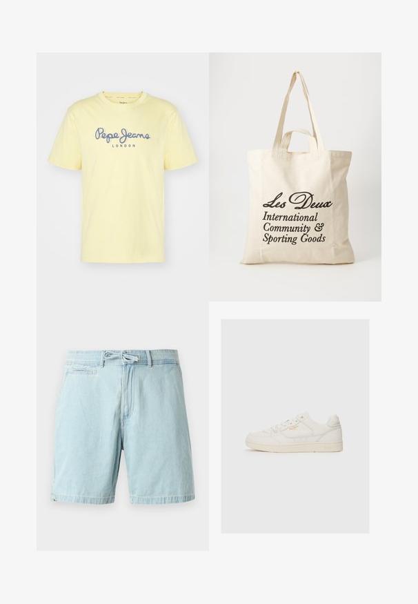 Gul bomulds T-shirt med korte ærmer og rund halsudskæring. Foran står der "Pepe Jeans LONDON" i blå tekst. Simpel design.; Lyseblå denimshorts med elastisk talje og snøre detaljer, med sidelommer og en afslappet pasform. Glat tekstur, casual design.; Hvide lædersneakers med en glat overflade, der har perforerede detaljer, snørebånd fortil og et diskret logo i guld nær siden.; Beige bomulds tote bag med to kraftige håndtag. Har sort trykt tekst: "Les Deux International Community & Sporting Goods."