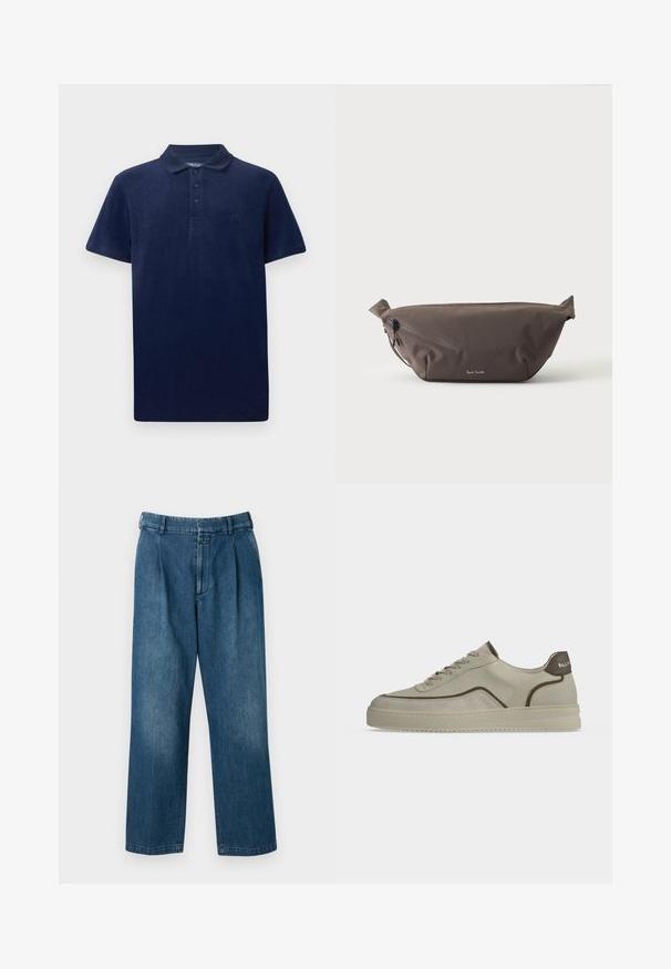 Polo bleu marine en tissu doux, avec un col classique, une patte de boutonnage à trois boutons et un logo brodé sur la poitrine.; Pantalons en denim bleu avec un design à jambes droites, dotés d'une taille haute, de plis à l'avant et d'une fermeture à bouton classique. Texture lisse.; Baskets basses beige avec bordure marron, design à lacets et marquage embossé sur la semelle sur fond blanc.; Sac banane en tissu marron foncé avec poche zippée en diagonale et petit logo blanc sur le devant, sur un fond clair uni.