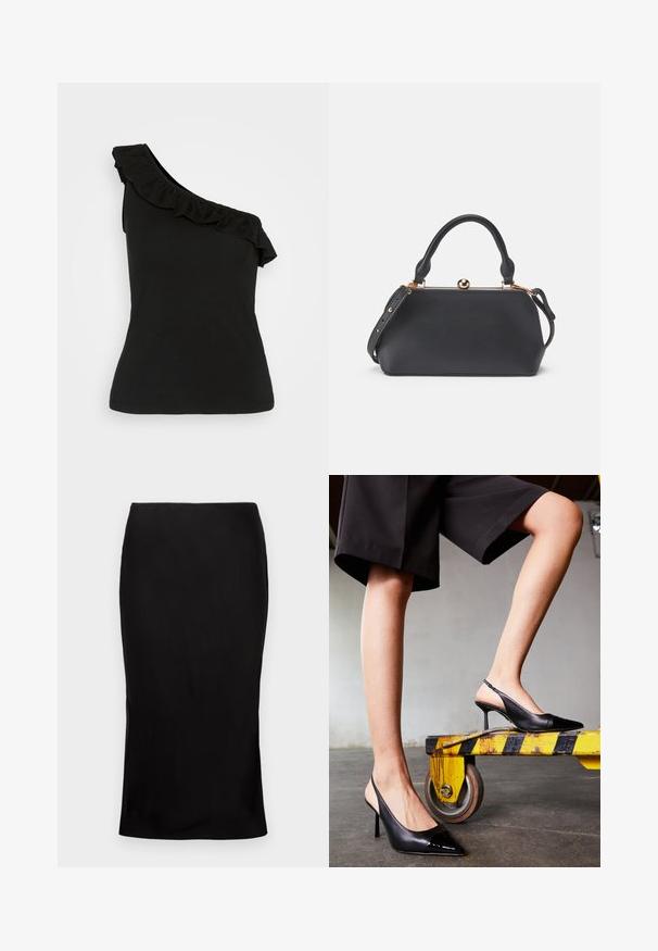 Top negro de un solo hombro con cuello volado, material de algodón suave, diseño ajustado y dobladillo sin costuras. Silueta simple y elegante.; Falda midi negra ajustada con una textura suave, detalle de abertura lateral y una cinturilla clásica. Diseñada para una silueta elegante.; Zapatos de tacón negro tipo slingback con puntera afilada, que presentan una tapa de charol brillante. Tacón stiletto, diseño de cuero liso y una silueta minimalista.; Bolso de cuero negro con parte superior redondeada, mango corto y correa desmontable. Presenta un cierre metálico y una textura suave.