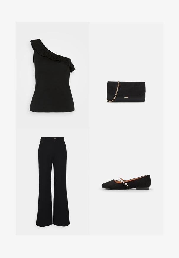 Top noir à épaule unique avec encolure froncée, en coton doux, design ajusté et ourlet sans couture. Silhouette simple et élégante.; Pantalons évasés noirs en tissu extensible, dotés d'une fermeture à bouton à l'avant et de passants de ceinture. Texture lisse avec une couleur uniforme.; Ballerines en velours noir à bout pointu, dotées d'une strap décorative ornée de perles blanches et d'un petit talon.; Porte-monnaie noir en daim avec une finition texturée, doté d'une chaîne dorée et d'un design épuré et angulaire.