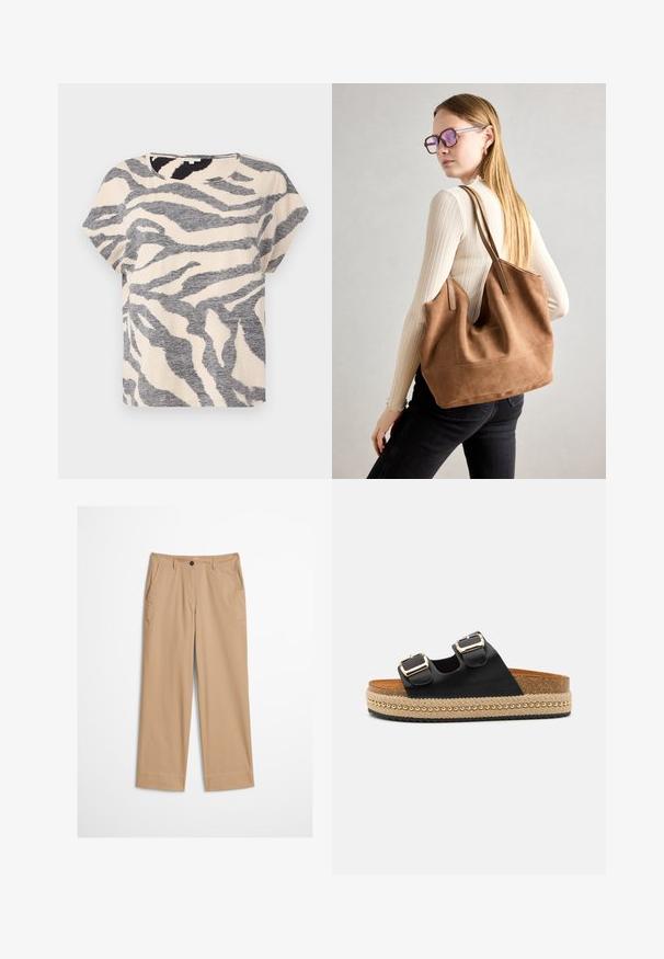 Kortærmet t-shirt i beige med grå zebra striber, rund halsudskæring og blødt, tekstureret stof. Casual pasform med en afslappet silhuet.; Beige bomuldsbukser med lige ben, knaplukning foran og en glat tekstur. Har standard bærestropper og flad frontdesign.; Sorte slide sandaler med dobbelt spænde, vævet jute platform sål med guldperler og kork fodseng. Tekstureret gummisål.; Brun ruskind tote taske med blød tekstur, stor åbning og lange stropper. Har et enkelt design med synlige syninger og ingen hardware.