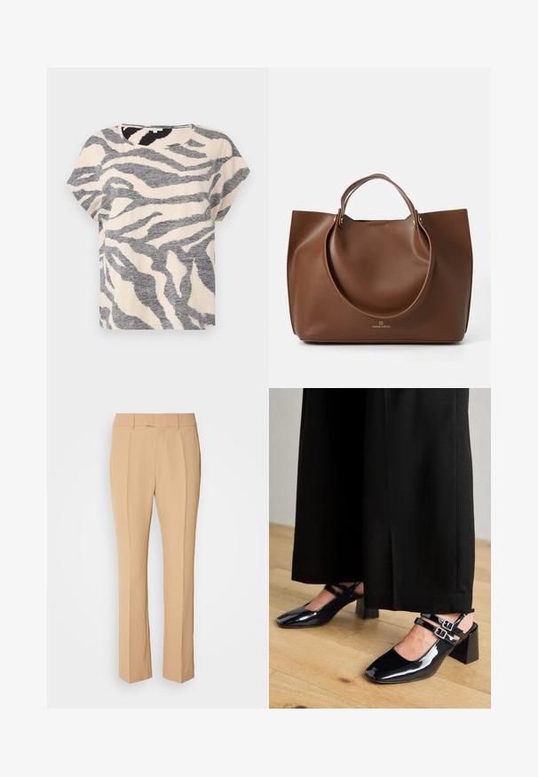 Kortærmet t-shirt i beige med grå zebra striber, rund halsudskæring og blødt, tekstureret stof. Casual pasform med en afslappet silhuet.; Beige skræddersyede bukser med lige ben, der har to frontfald, en flad front og et glat, let materiale.; Sorte patenterede læderslingback-sko med firkantede tåspidser, der har dobbelt justerbare ankleremme og blokhæle. Glat, skinnende overflade.; Brun læder tote bag med en glat tekstur, store runde håndtag, prydet med minimalistisk design og logo prentet på bunden.