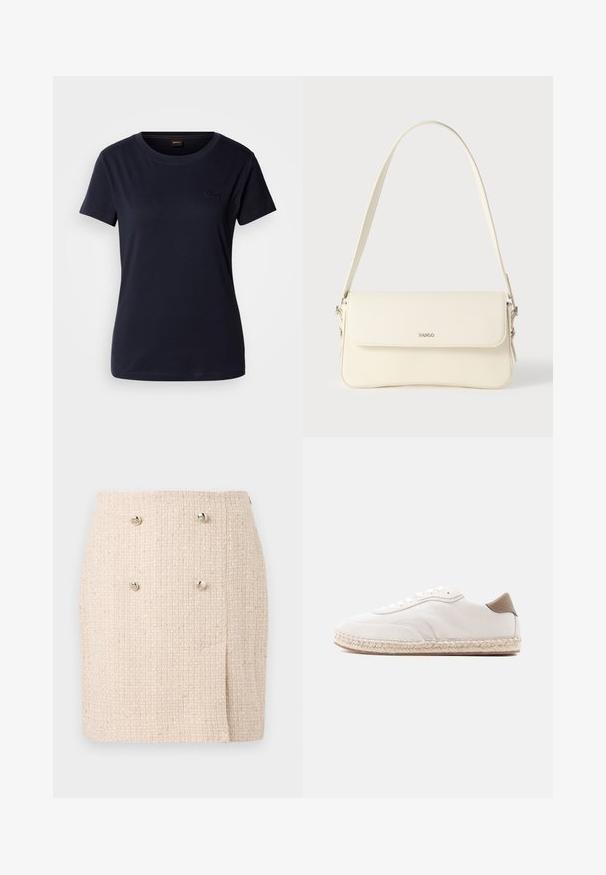 Navyblauwe T-shirt met korte mouwen, gemaakt van katoen, met een ronde hals en een klein geborduurd logo op de borst. Soepele textuur.; Beige textured rok met een geweven patroon, voorzien van twee opvallende zilveren knopen aan de voorkant en een licht asymmetrische zoom.; Witte sneaker met een bovenwerk van suède, beige accenten en een gevlochten juten zool. Voorzien van platte veters en een gebrandmerkt zijlogo.; Schoudertas van crèmegekleurd leer met een klepafsluiting, zilverkleurige hardware, een enkele verstelbare riem en subtiele logodetails.