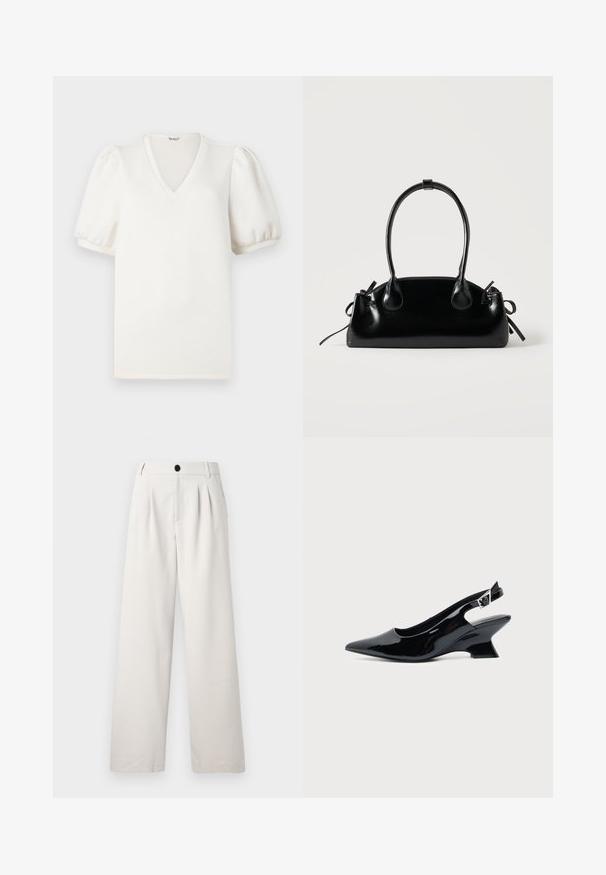 T-shirt blanc à col en V avec manches courtes bouffantes. Confectionné dans un tissu doux, il présente une surface lisse et texturée ainsi qu'une coupe décontractée.; Pantalons beige à jambes larges en tissu lisse, avec des plis avant, une fermeture à bouton unique et des poches latérales pour plus de praticité.; Chaussure slingback en cuir verni noir avec bout pointu et petit talon bloc incliné sur fond clair uni.; Petit sac à main noir brillant avec deux longues anses et des détails à cordon sur les côtés sur un fond clair uni.
