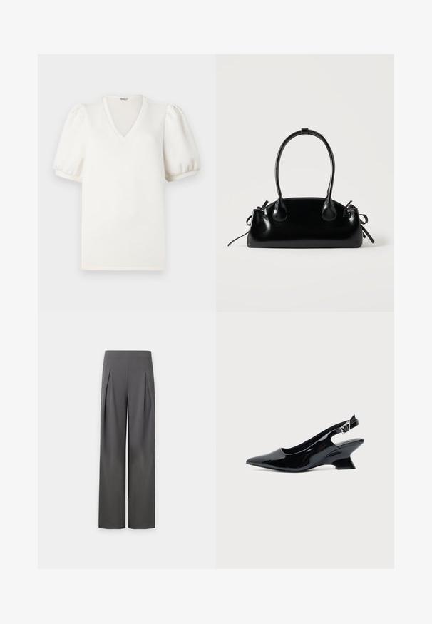 T-shirt blanc à col en V avec manches courtes bouffantes. Confectionné dans un tissu doux, il présente une surface lisse et texturée ainsi qu'une coupe décontractée.; Pantalon large taille haute gris foncé avec plis à l'avant s'étendant de la taille jusqu'au milieu de la cuisse sur un fond neutre.; Chaussure slingback en cuir verni noir avec bout pointu et petit talon bloc incliné sur fond clair uni.; Petit sac à main noir brillant avec deux longues anses et des détails à cordon sur les côtés sur un fond clair uni.