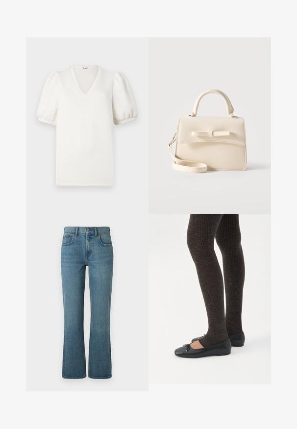 Hvid V-hals t-shirt med korte pufærmer. Fremstillet af blødt stof, den har en glat, struktureret overflade og en afslappet pasform.; Lysblå flagrende jeans lavet af denim, med fem lommer, en frontknaplukning og subtil fading for tekstur.; Ben iført mørke ribbede leggings kombineret med sorte balletsko med små sløjfedetaljer på hvid baggrund.; Lille beige håndtaske med top-håndtag, aftagelig rem, forreste klap og dekorativ vandret sløjfe på en ensfarvet baggrund.