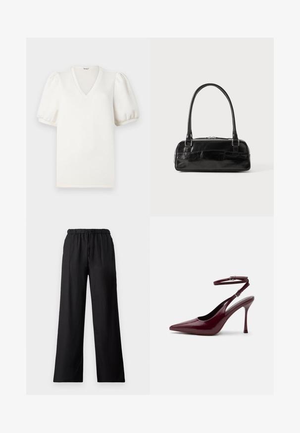 Camiseta blanca de cuello en V con mangas cortas abullonadas. Confeccionada con una tela suave, presenta una superficie lisa y texturizada, y un ajuste relajado.; Pantalones de pierna ancha negros, elaborados con un tejido ligero, que cuentan con una cinturilla elástica con cordón y una textura suave.; Zapato de tacón alto en burdeos brillante con punta puntiaguda, correa en el tobillo con hebilla, tacón de aguja delgado, vista lateral sobre fondo liso.; Bolso de mano de cuero negro con forma rectangular, equipado con un asa estructurada, herrajes en plata y cierre de cremallera. Textura suave.