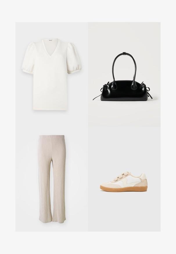 T-shirt blanc à col en V avec manches courtes bouffantes. Confectionné dans un tissu doux, il présente une surface lisse et texturée ainsi qu'une coupe décontractée.; Pantalon beige à jambes larges en tissu texturé avec des rayures verticales. Dispose d'une taille élastique et d'une coupe décontractée sur toute la jambe.; Baskets en cuir blanc et beige avec des accents en daim, dotées d'un bout rond, de trois bandoulières Velcro et d'une semelle en caoutchouc couleur gomme.; Petit sac à main noir brillant avec deux longues anses et des détails à cordon sur les côtés sur un fond clair uni.