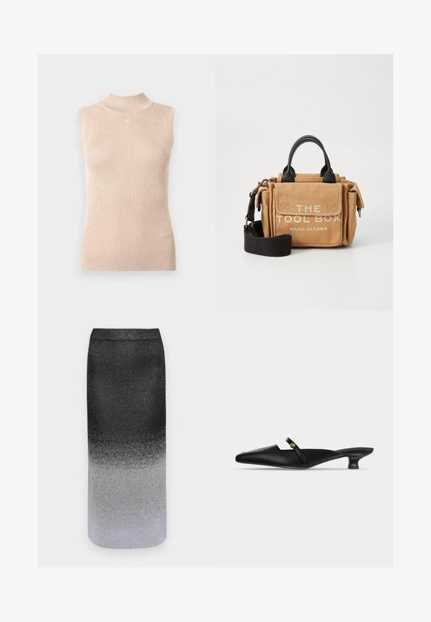 Ærmeløs top med høj hals i blød beige ribstrikket stof. Har en diskret glans, figursyet pasform og en lille logoaccents ved halsudskæringen.; Metallic nederdel med et ombre-design, der går fra sort øverst til sølv nederst, og som har en glat tekstur og en strømlinet form.; Sort mule med spids tå, lav kittenhæl og tynd rem over vristen med en lille guldknapdetalje.; Tan canvas værktøjstaske med sorte læderdetaljer, der har top-håndtag, justerbar rem og tekst på fronten: "THE TOOL BOX MARC JACOBS."