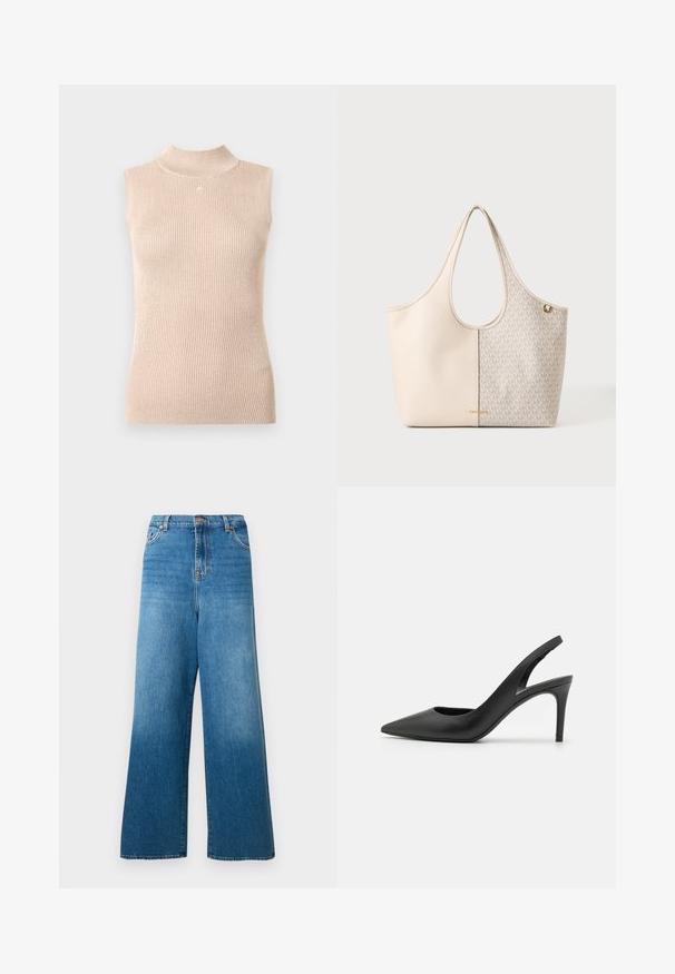 Haut sans manches à col montant en maille côtelée beige doux. Présente un léger éclat, une forme ajustée et un petit logo au niveau de l'encolure.; Jean bleu à jambes larges en denim. Caractérisé par une taille haute avec passants pour ceinture et une fermeture éclair à l'avant. Texture délavée avec des détails subtils de whiskering.; Escarpins à talon aiguille en cuir noir, avec un design à bout pointu, présentant une découpure à l'avant et un talon fin.; Sac cabas beige et gris clair avec design bicolore, confectionné en cuir texturé avec un motif logo "MK" répété sur un côté.