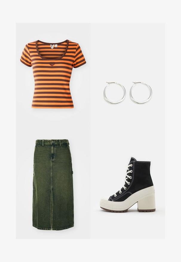 T-shirt rayé avec des nuances d'orange et de marron, en tissu côtelé. Présente un col arrondi et des manches courtes, avec un logo en forme de cœur sur la poitrine.; Jupe en denim vert avec une coupe mi-longue, fente à l'avant, fermeture à boutons et passants de ceinture. Sa texture est légèrement délavée, avec des poches latérales.; Bottines montantes noires avec lacets blancs, en tissu texturé, semelle plateforme crème et talon carré. Comprend des coutures blanches et un embout en caoutchouc.; Les boucles d'oreilles en argent en forme de créole présentent un design lisse et arrondi avec un profil fin et un fermoir sécurisé. Style minimaliste avec une finition polie.