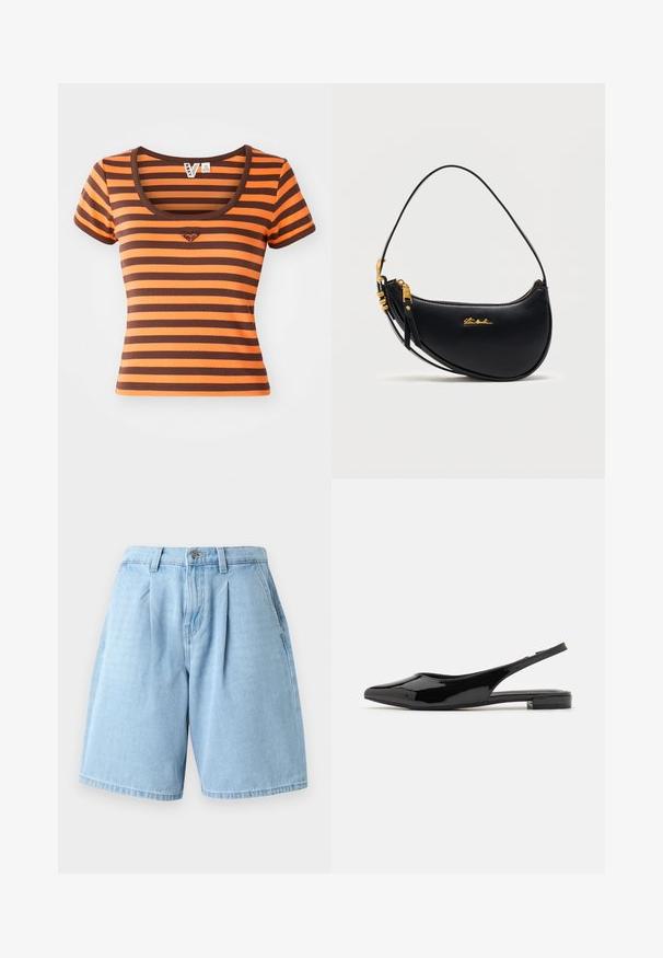 Gestreepte T-shirt in oranje en bruine tinten, gemaakt van ribbelstof. Heeft een ronde halslijn en korte mouwen, met een hartlogo op de borst.; Lichtblauwe denim shorts met een comfortabele pasvorm, voorzien van voorplooien, riemlussen en een klassieke vijf-pocket styling.; Zwarte gepatineerde leren slingback schoenen met een puntige neus en een lage blokhak. Gladde textuur, minimalistisch ontwerp, open achterkant en slanke silhoutte.; Zwarte leren handtas in halve maanvorm met gouden rits, verstelbare band en klein gouden "Steve Madden"-logo aan de voorkant.