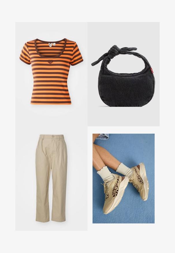 Stribet T-shirt med orange og brune nuancer, lavet af ribbet stof. Har en rund halsudskæring og korte ærmer, med et hjerte-logo på brystet.; Beige bukser lavet af bomuld, med afslappet pasform, frontfolder, en enkelt knaplukning og lige ben med syede kant.; Benen krydset iført beige Puma-sneakers med leopardstriber og flæset cremefarvede sokker på et blåt tæppebelagt gulv.; Lille sort denim skuldertaske med knyttet rem og lynlåslukning, med en rød Levi's stofetiket på siden.