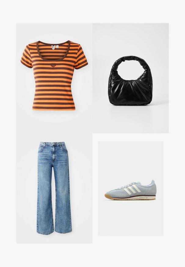 T-shirt rayé avec des nuances d'orange et de marron, en tissu côtelé. Présente un col arrondi et des manches courtes, avec un logo en forme de cœur sur la poitrine.; Jeans larges en denim bleu clair avec une taille haute, dotés de cinq poches, d'une fermeture par bouton supérieur et de surpiqûres contrastées le long des coutures.; Baskets en suède bleu clair avec trois bandes blanches, semelle en caoutchouc et mesh texturé. Comprend un capuchon de orteil lisse et une marque sur le talon.; Sac à main noir rembourré avec une poignée arrondie, présentant une surface lisse et brillante ainsi qu'une texture douce et matelassée. Pas de quincaillerie ou d'accents visibles.