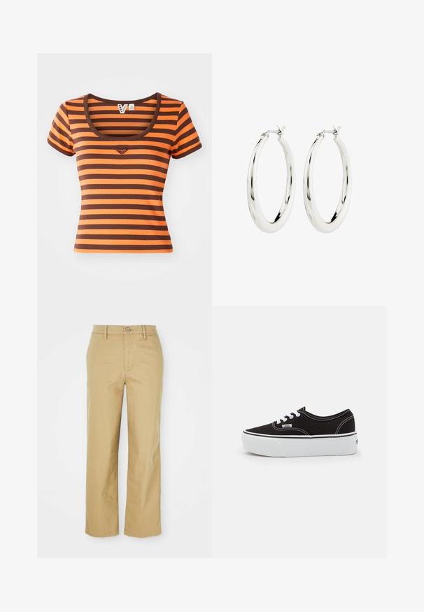 Stribet T-shirt med orange og brune nuancer, lavet af ribbet stof. Har en rund halsudskæring og korte ærmer, med et hjerte-logo på brystet.; Beige bomuldsbukser med lige ben design. Har en knaplukning, bæltestropper og frontlommer, letvægts tekstur.; Sort lærred sneakers med en hvid gummi platform sål, der har hvide snørebånd og syninger, ikonisk branding på siden, lav-top design.; Sølvøreringe i form af hoops med en glat, blank finish. Cirkulær form, der har en sikker lås. Simpelt og elegant design.