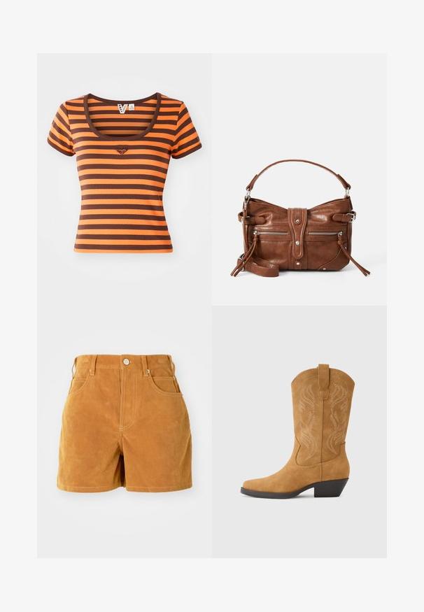 Camiseta a rayas con tonos naranjas y marrones, confeccionada en tejido acanalado. Presenta un cuello redondeado y mangas cortas, con un logo de corazón en el pecho.; Pantalones cortos de ante marrón de cintura alta con botón frontal, lazos para cinturón y diseño de cinco bolsillos sobre un fondo blanco liso.; Bota de vaquero de ante color canela con punta en forma de pico, costuras decorativas en un patrón ondulado, tacón medio y una lengüeta para facilitar el calzado.; Bolso de mano de cuero marrón con forma redondeada, dos bolsillos frontales con cremallera y una correa de hombro desmontable. Presenta herrajes y costuras en tono plateado.
