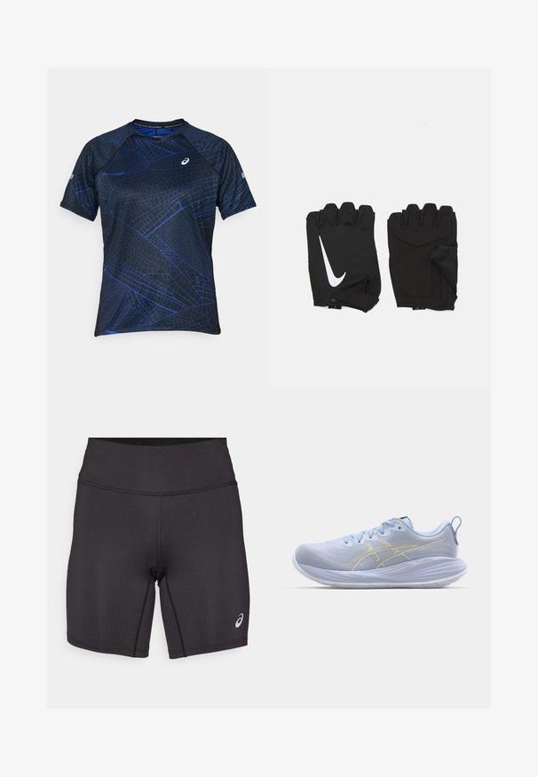 Korte mouw sportshirt in zwart met een blauw geometrisch patroon. Gemaakt van ademend materiaal, met een ronde hals en platte naden.; Zwarte sportieve shorts met een gladde textuur, een aansluitend ontwerp en een hoge tailleband. Voorzien van contrasterende stiksels en een klein logo op het onderbeen.; Lichtblauwe sport schoenen met een gestructureerde bovenkant, witte zool en gouden accentstrepen. Kenmerken zijn onder andere veters en een trekhaak aan de achterkant.; Zwarte vingerloze fitnesshandschoenen van ademend materiaal, met een wit Nike-logo, gevoerde handpalmen en een open polsontwerp voor flexibiliteit.