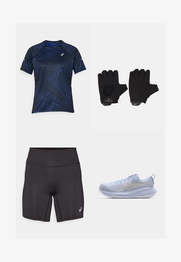 Schwarzes, kurzärmliges Sportshirt mit einem blauen geometrischen Muster. Hergestellt aus atmungsaktivem Stoff, mit Rundhalsausschnitt und flachen Nähten.; Schwarze Sportshorts mit glatter Textur, figurbetontem Design und hohem Bund. Mit kontrastierenden Nähten und einem kleinen Logo am unteren Bein.; Helleblaue Sportchuhe mit einem strukturierten Obermaterial, weißer Sohle und goldenen Akzentstreifen. Zu den Merkmalen gehören Schnürsenkel und eine Zuglasche an der Rückseite.; Schwarze fingerlose Handschuhe mit einem strukturierten Design. Hergestellt aus einem atmungsaktiven Material, mit einem Daumenloch und verstärktem Handballen für besseren Grip.