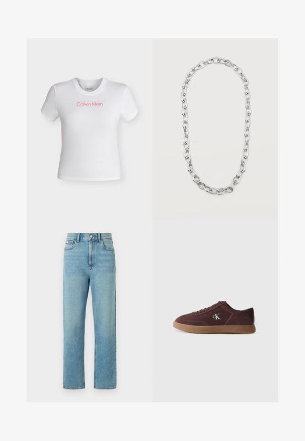 T-shirt court blanc à manches courtes avec col rond, arborant le logo "Calvin Klein" en rouge et un texte "SPORT" discret au-dessus sur la poitrine.; Jean en denim bleu clair avec une coupe droite, un design à cinq poches et une fermeture à boutons. Présente un léger effet délavé et un ourlet standard.; Calvin Klein Baskets basses - bordeaux; Collier chaîne en métal argenté avec de grands maillons ovales entrelacés formant une boucle allongée sur fond blanc.