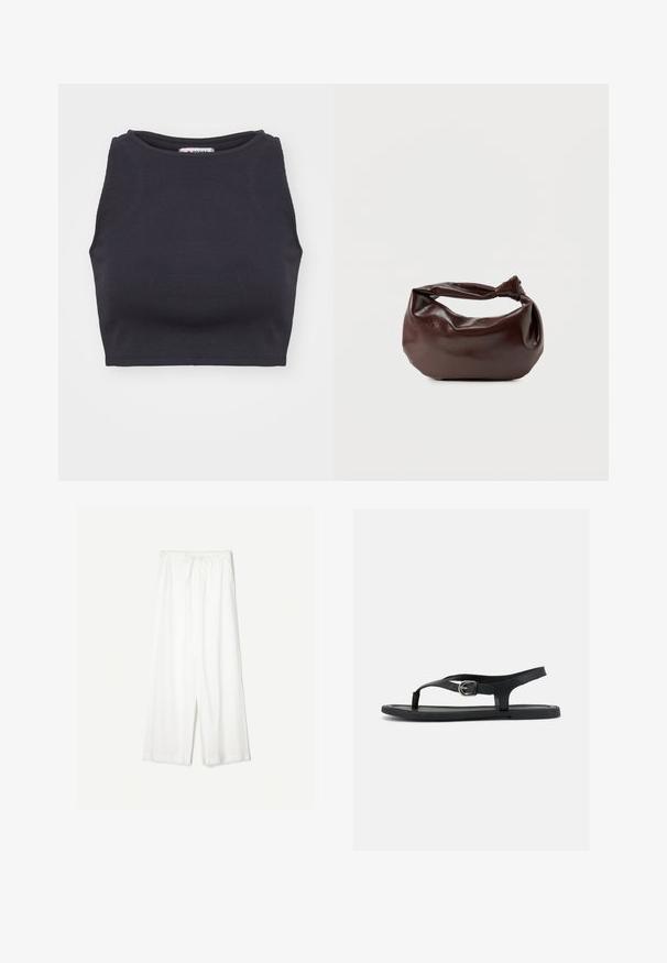 Sort ribbet crop top med rund halsudskæring og uden ærmer. Glat tekstur, tætsiddende form og minimalistisk stil.; Hvide bukser med vide ben, elastisk talje og snøre, lavet af let stof.; Sort flad sandal med ankelrem, tæsepind og sølvspænde på glat sål, vist fra siden på hvid baggrund.; Mørkebrun læder skuldertaske med en blød, afslappet form og et snoet knudehåndtag på en ensartet hvid baggrund.