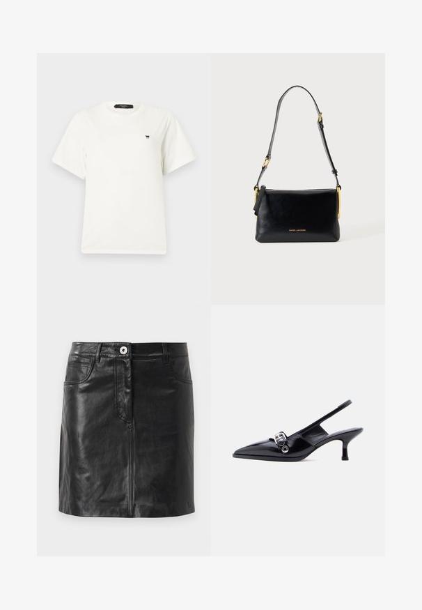 Hvid T-shirt med korte ærmer og rund hals, med en lille sort sommerfugl-logo på venstre bryst og et sort mærke inde i kraven.; Weekend Max Mara HULL - Pencil skirt - nero; Sort laklæderslingbacksko med lille hæl, spids tå og sølvsfarvet spænde på ensartet hvid baggrund.; Sort skuldertaske i læder med justerbar rem og guldfarvede detaljer, med lille gyldent "Marc Jacobs" logo midt foran.