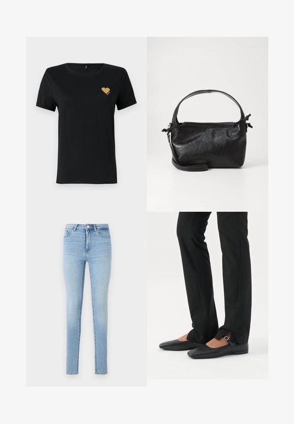 Sort bomulds t-shirt med korte ærmer, der har et lille design af guldglitrende hjerte på venstre brystområde. Crew neck stil.; Lys blå denim skinny jeans har en frontknap og lynlås lukning, fem lommer og en let falmet overflade for struktur.; Ben iført sorte smalle bukser med forreste slidser ved kanten, parret med sorte flade Mary Jane-sko med lille spænde.; Sort læderhåndtaske med et struktureret design, rund tophåndtag og aftagelig skulderrem. Den har en glat tekstur og en subtil glans.