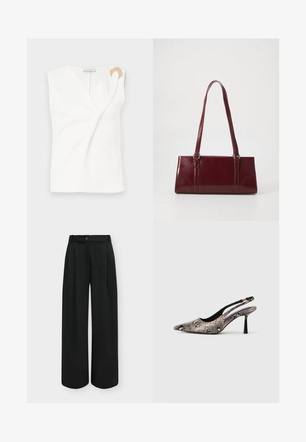 Blouse sans manches blanche avec un design croisé, présentant un détail décoratif en forme d'anneau doré sur l'épaule droite.; Pantalon noir taille haute à jambes larges avec un bouton sur le devant et une fermeture éclair dissimulée sur un fond clair uni.; Chaussures slingback à bout pointu en matériau à imprimé serpent texturé, avec un talon noir fin et un design découpé sur les côtés.; Sac à main bordeaux en matériau brillant, de forme rectangulaire, avec deux anses et des accents légèrement courbés à l'avant.