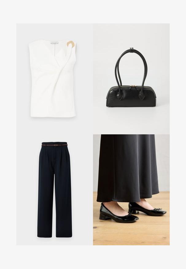 Blusa sin mangas blanca con un diseño envolvente, que presenta un detalle decorativo en forma de anillo en tono dorado en el hombro derecho.; Pantalones negros de talle alto y pierna ancha con pinzas y un cinturón trenzado fino marrón, mostrados sobre un fondo blanco.; Bailarinas de charol negro con un acento de moño, tacón bajo y punta redondeada, llevadas con una falda larga negra sobre un suelo de madera.; Bolso de mano de cuero negro con dos asas alargadas, cierre de cremallera y forma redondeada; textura suave con un acabado ligeramente brillante.