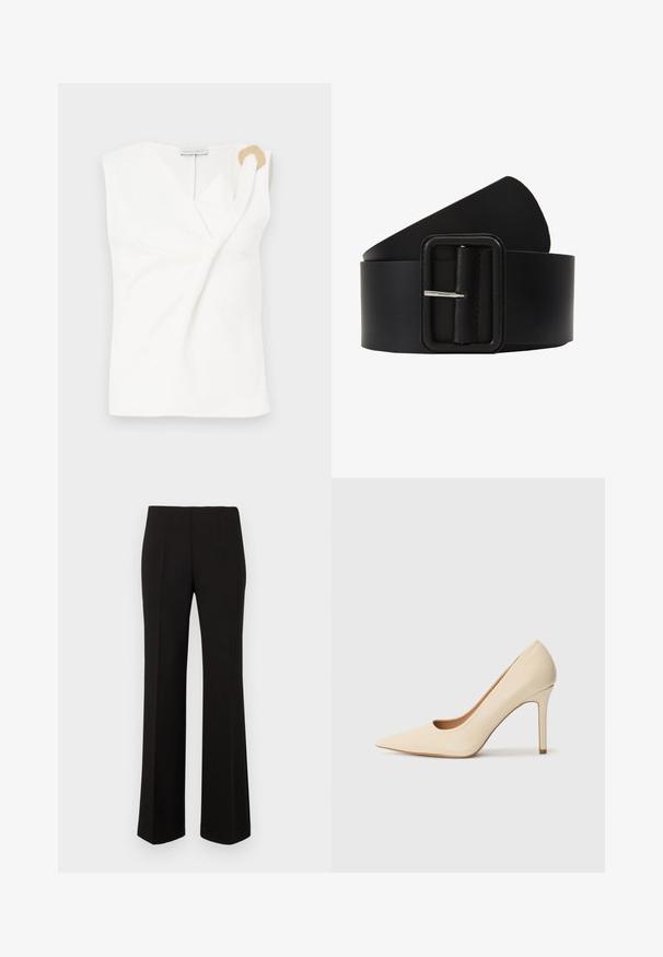 Ärmellose weiße Bluse mit einem Wickeldesign, die ein dekoratives Ringdetail in goldfarbener Ausführung auf der rechten Schulter aufweist.; Schwarze maßgeschneiderte gerade leg Hosen mit hoher Taille und vorderen Falten, vor einem schlichten Hintergrund präsentiert.; Beige Leder-Pumps mit hohen Absätzen, spitz zulaufend und mit einer seitlichen Aussparung, ausgestattet mit einem schlanken Stiletto-Absatz für zusätzliche Unterstützung.; Schwarzer Ledergürtel mit einer rechteckigen silbernen Schnalle, glatter Textur und zulaufendem Ende. Das Design ist einfach und funktional.